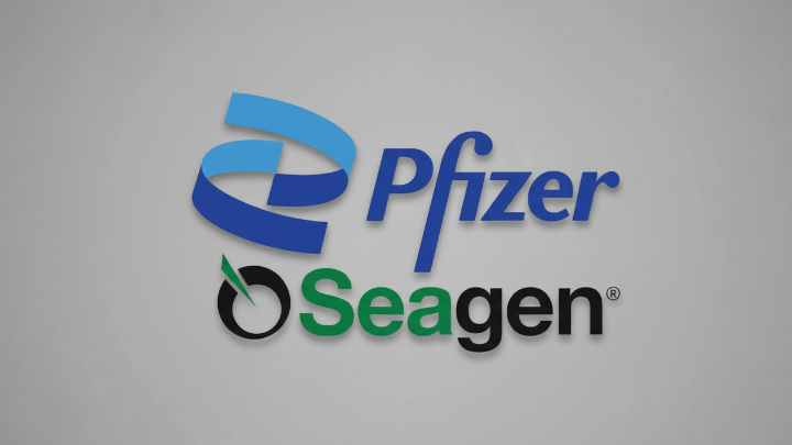 La imagen muestra el logo de Pfizer en azul y, debajo, el logo de Seagen en verde y negro. El fondo es un degradado de gris claro.