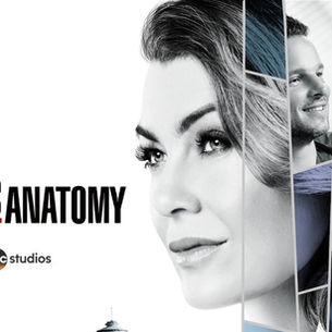 Promotional poster for Grey's Anatomy, featuring a close-up of Meredith Grey and a collage of other characters above the Seattle city skyline.