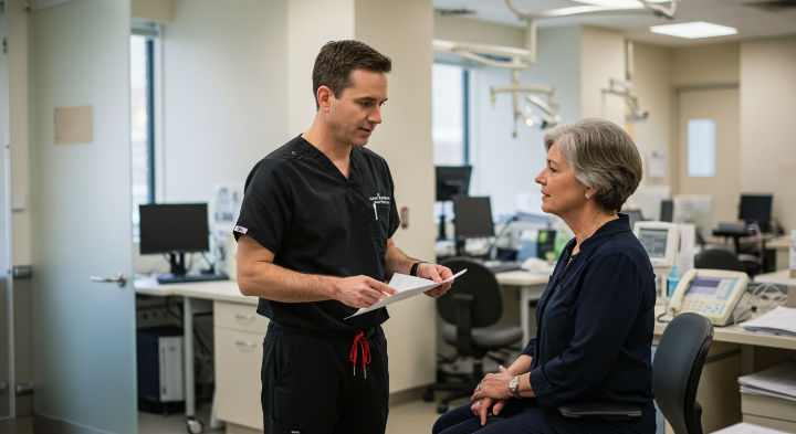 Clinical Research Coordinator in black scrubs discusses the inform consent form with seated woman in a medical office. Computers and medical equipment visible. Calm atmosphere.