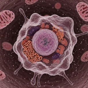 Esta ilustración médica muestra una representación detallada y artística de una célula eucariota y sus orgánulos en un entorno tridimensional. En el centro destaca el núcleo esférico, rodeado por el retículo endoplasmático rugoso y otros componentes celulares. Alrededor de la célula principal, flotan varias mitocondrias con sus características crestas internas, todo ello presentado en una paleta de colores rosados y púrpuras que simulan un entorno biológico microscópico.