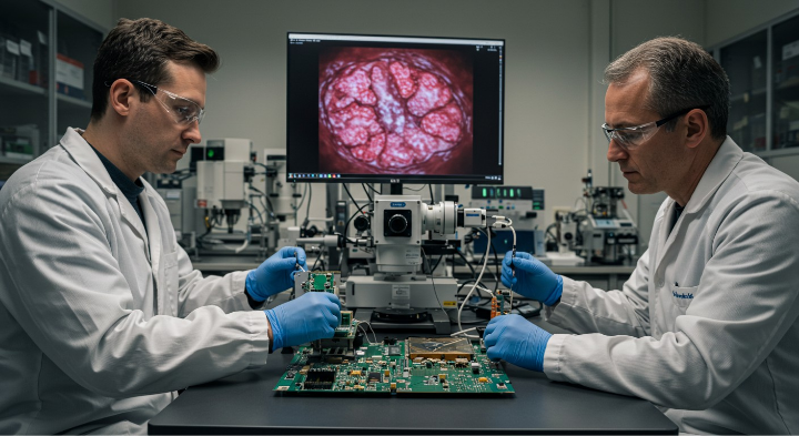 Two scientists in lab coats and safety glasses examine a circuit board. A monitor in the background shows a magnified biological image.