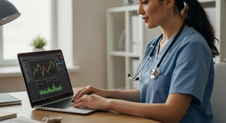 A healthcare worker in scrubs and a stethoscope uses a laptop at a desk. The screen displays financial trading charts in an office setting.