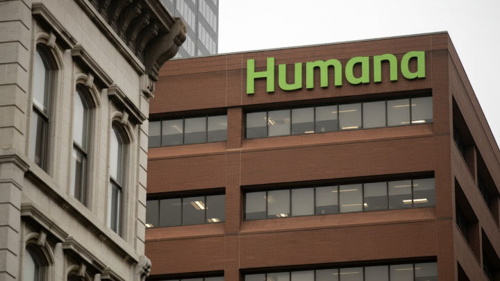 Esta imagen muestra la sede de Humana en una ciudad. El edificio de ladrillo tiene el nombre "Humana" en letras verdes brillantes en la parte superior. A su izquierda, se ve parcialmente una estructura de piedra más antigua y detallada.