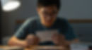 A focused Asian man with glasses, dressed casually, examines flashcards under a lamp's light. Stacked books are on the desk, suggesting a nocturnal study environment.