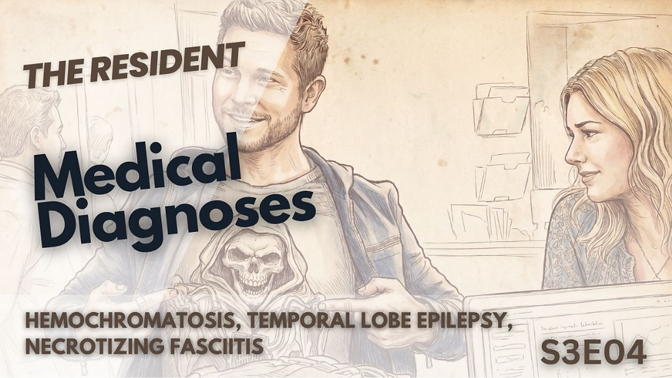 Esta miniatura de The Resident muestra un boceto de un hombre con una camiseta de calavera sonriendo junto a una mujer. Detalla diagnósticos como hemocromatosis, epilepsia del lóbulo temporal y fascitis necrotizante para el cuarto episodio.