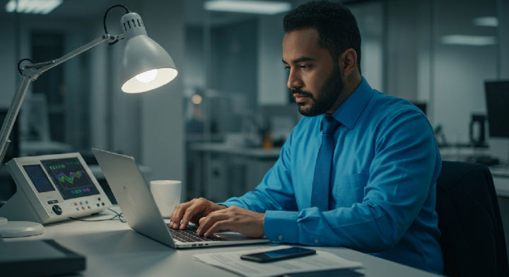 A man in a blue shirt works on a laptop at a desk under a lamp. A digital monitor displays graphs. The office is dimly lit.