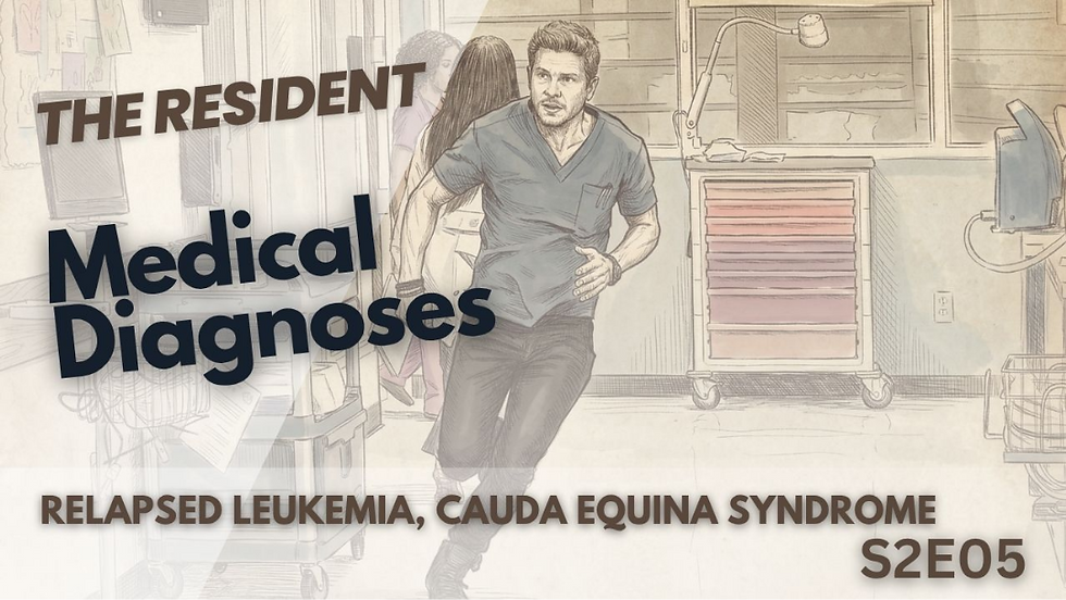 This artistic thumbnail for The Resident shows a sketch of a doctor running through a hospital. Text at the bottom mentions "Relapsed Leukemia" and "Cauda Equina Syndrome" for Season two, Episode five.