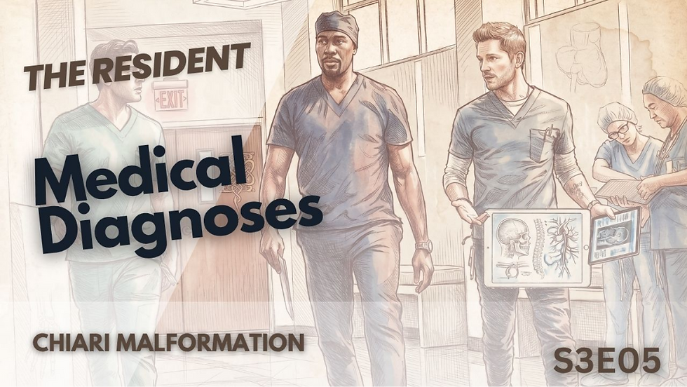 Esta miniatura de The Resident muestra un boceto de varios médicos caminando por un pasillo de hospital, con uno sosteniendo una tableta que muestra una malformación de Chiari. Referencia el quinto episodio de la tercera temporada.