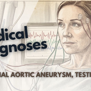 This medical thumbnail features a detailed sketch of a woman with electrodes on her head, listing "Abdominal Aortic Aneurysm" and "Testicular Torsion" as the diagnoses for the eighth episode of season two.