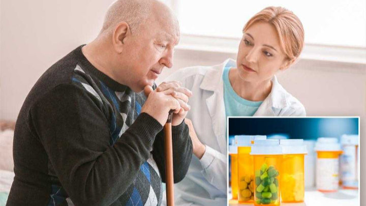 A composite image shows an elderly man with a cane being comforted by a woman, possibly a doctor or caregiver. An inset displays several prescription pill bottles, some filled with green capsules.