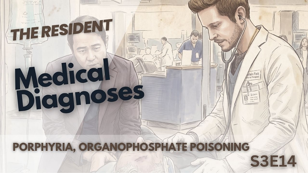 Esta miniatura de The Resident muestra un boceto de un doctor usando un estetoscopio mientras un hombre observa. Detalla diagnósticos de porfiria y envenenamiento por organofosforados para el episodio catorce de la tercera temporada.