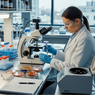This photograph shows a female scientist working alone in a high-tech biotechnology laboratory. The woman, wearing a white lab coat, safety goggles, and blue gloves, is seated in front of a precision microscope while handling a sample. Her workbench features numerous Petri dishes with cultures, racks of test tubes, and a small centrifuge to the right. The background includes large windows showing an urban environment, which provides natural and professional lighting to the scene.
