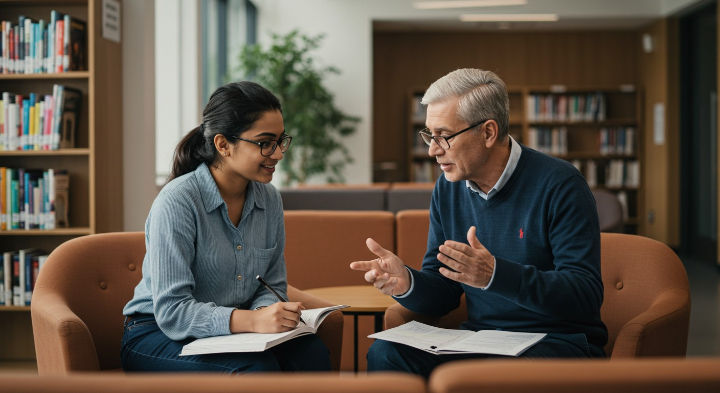 Una estudiante con gafas y cabello recogido escribe en un libro mientras un hombre mayor con gafas y suéter azul gesticula, ambos sentados en sillones de una biblioteca, conversando animadamente.