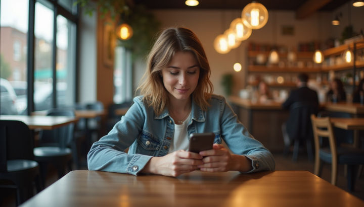 Young woman in denim jacket using a smartphone at a cozy café. Warm lighting, blurred background with shelves and people, relaxed mood.