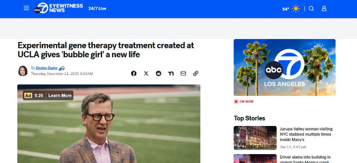 A screenshot of a news site shows the headline: "Experimental gene therapy treatment created at UCLA gives 'bubble girl' a new life," with an image of a man.
