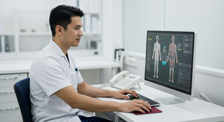 Nurse Practitioner using a computer with anatomical diagrams on screen. Bright, clean office setting. Focused and attentive mood.