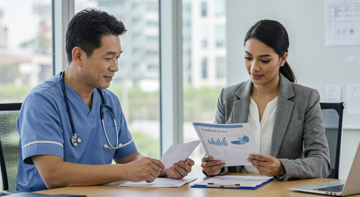 A doctor in blue scrubs and a businesswoman in a gray jacket review documents with charts. They are sitting at a desk in a modern office.