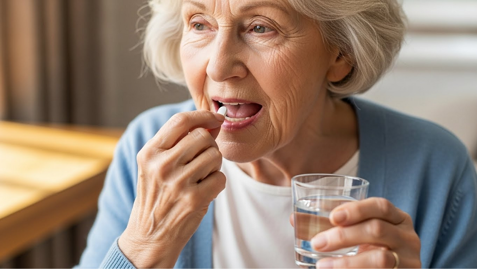A close-up shows an older woman with white hair wearing a blue cardigan taking a white pill and holding a glass of water to swallow it.