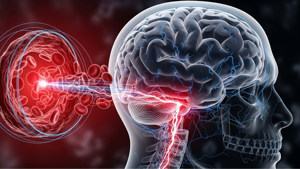 A medical illustration showing a side profile of a human head with a detailed brain. Red light pulses from a blood vessel toward the brain, symbolizing a stroke or neurological medical event.