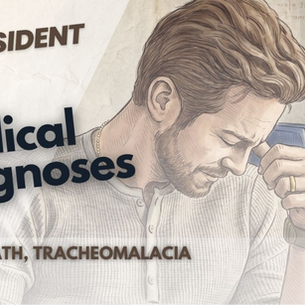 This sketch-style thumbnail for The Resident depicts a man with a beard leaning his head against his hand with a pained expression. It lists brain death and tracheomalacia as the diagnoses for season five, episode three.