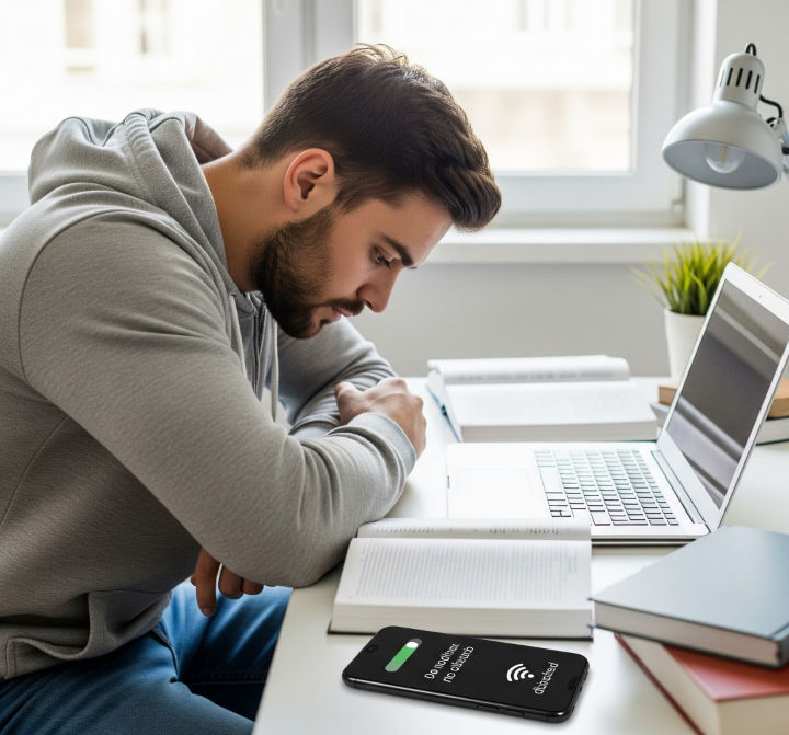 Un joven con barba y sudadera gris estudia en un escritorio, con un libro abierto y una laptop. Su teléfono está en modo "no molestar" con Wi-Fi desactivado, indicando concentración.
