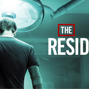 A dramatic promotional poster for "The Resident" shows a male doctor from behind, standing directly under a bright surgical lamp. The teal-toned image features the show's title in bold white and red text.