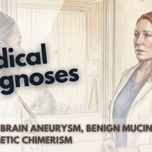 This medical thumbnail features a detailed sketch of a woman in a white coat looking ahead, listing "Ruptured Brain Aneurysm" and "Tetragametic Chimerism" for the fourteenth episode of season two.