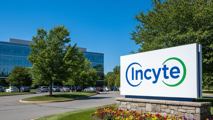 The Incyte sign is on a green lawn with red and yellow flowers. Behind it, a glass-windowed office building and parked cars are visible under a clear blue sky.