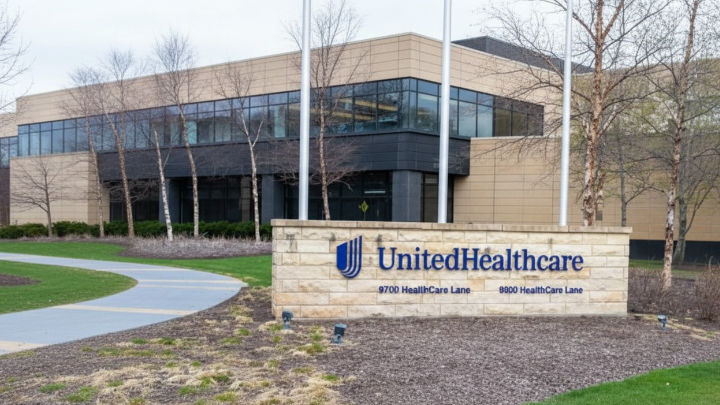 Una foto del exterior de un edificio de UnitedHealthcare. El cartel de piedra de la empresa se encuentra en primer plano. El edificio de oficinas de color beige tiene grandes ventanales y un camino que conduce a la entrada.