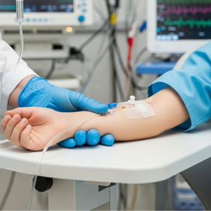 Un profesional de la salud, con guantes azules, administra una terapia génica (etiquetada como "FÁRMACO DE ENSAYO CLÍNICO") por vía intravenosa a un niño en un hospital con equipo de monitoreo visible.