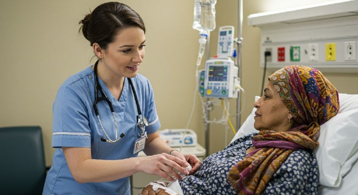 A clinical nurse specialist in blue scrubs attends to a patient in a hospital bed. The patient wears a colorful headscarf. Medical equipment is visible.