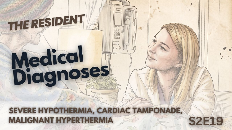 Esta miniatura de The Resident presenta una ilustración tipo boceto de una enfermera mirando a un paciente. Enumera tres condiciones médicas—hipotermia severa, taponamiento cardíaco e hipertermia maligna—en referencia al episodio diecinueve de la segunda temporada.