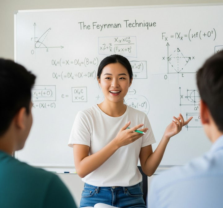 An Asian university student vividly explains a complex scientific concept using the Feynman Technique. They smile confidently and gesture enthusiastically before a whiteboard full of equations, demonstrating clear understanding and mastery of the subject.