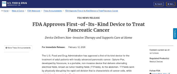 Screenshot of an FDA release regarding the approval of Optune Pax, a groundbreaking non-invasive device for treating pancreatic cancer using electrical fields in a home setting.