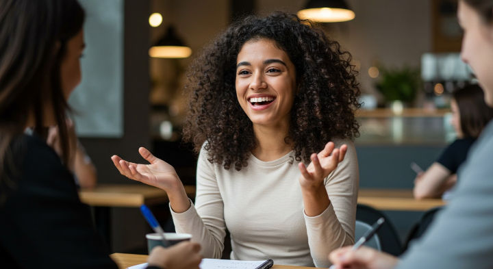 A curly-haired young woman with dark complexion laughs and gestures expressively while conversing with two partially visible individuals in what appears to be a cafe or coworking space, under pendant lights.