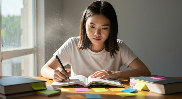 A focused young woman with dark hair writes in an open notebook on a wooden desk, surrounded by books and colorful sticky notes. Sunlight illuminates the scene through a window.