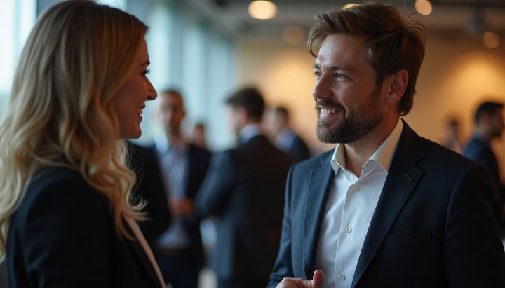 Close-up view of networking event with people engaged in conversation,. Engaged attendees sharing ideas and building connections in a professional setting.