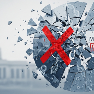 This conceptual illustration features a shattered circle with the Moderna logo and a "DENIED" stamp, alongside a large red "X," symbolizing a rejection or failure in biotechnology against a government building backdrop.