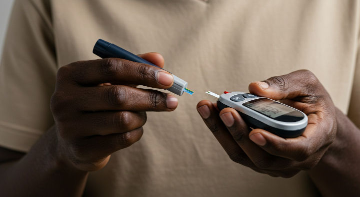 Close-up of dark-skinned hands inserting a test strip into a glucose meter. The other hand holds a lancing device, suggesting preparation for a blood sugar level test.