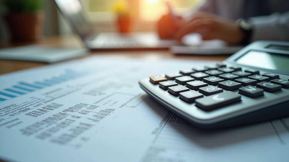 Close-up view of a calculator and billing statements on a desk