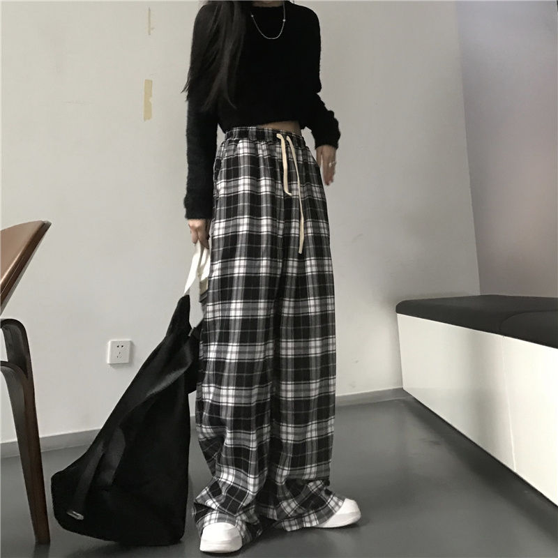 Oversize Women Sweatpants Fashion Black Plaid Casual Pants Baggy Elastic Waist P