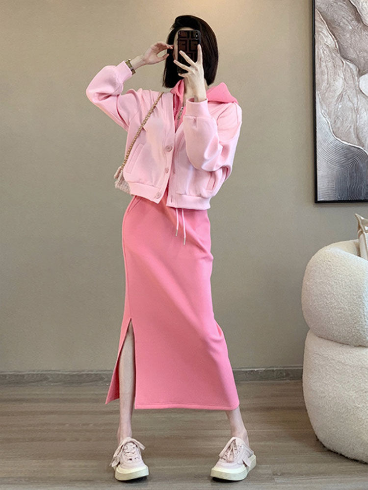 Early Autumn Fashion Set Pink Slim Fit Sweatshirt High Waist Skirt Stylish Two