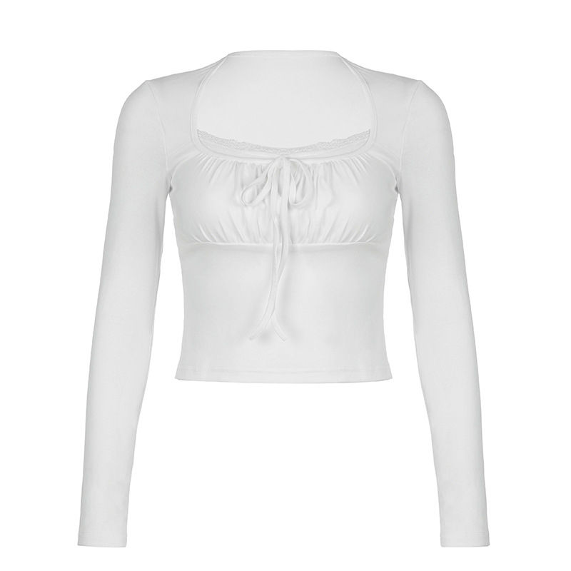 Bandage Folds Square Collar Crop Top Women Fairycore y2k White T Shirts Basic Kn