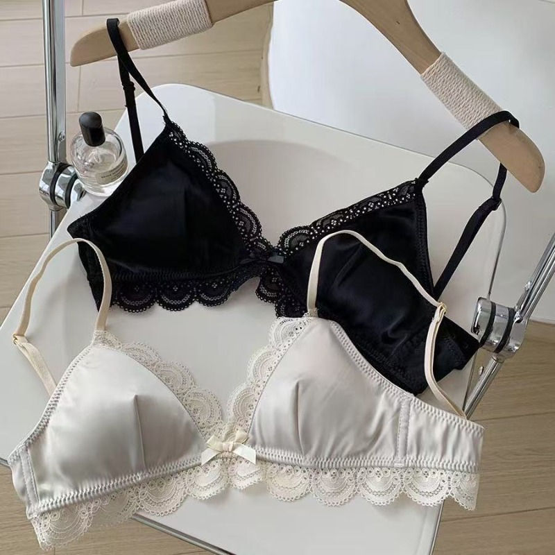 Korean Style Triangle Cup Bow Lace Bra for Women Small Chest Satin Underwear Swe