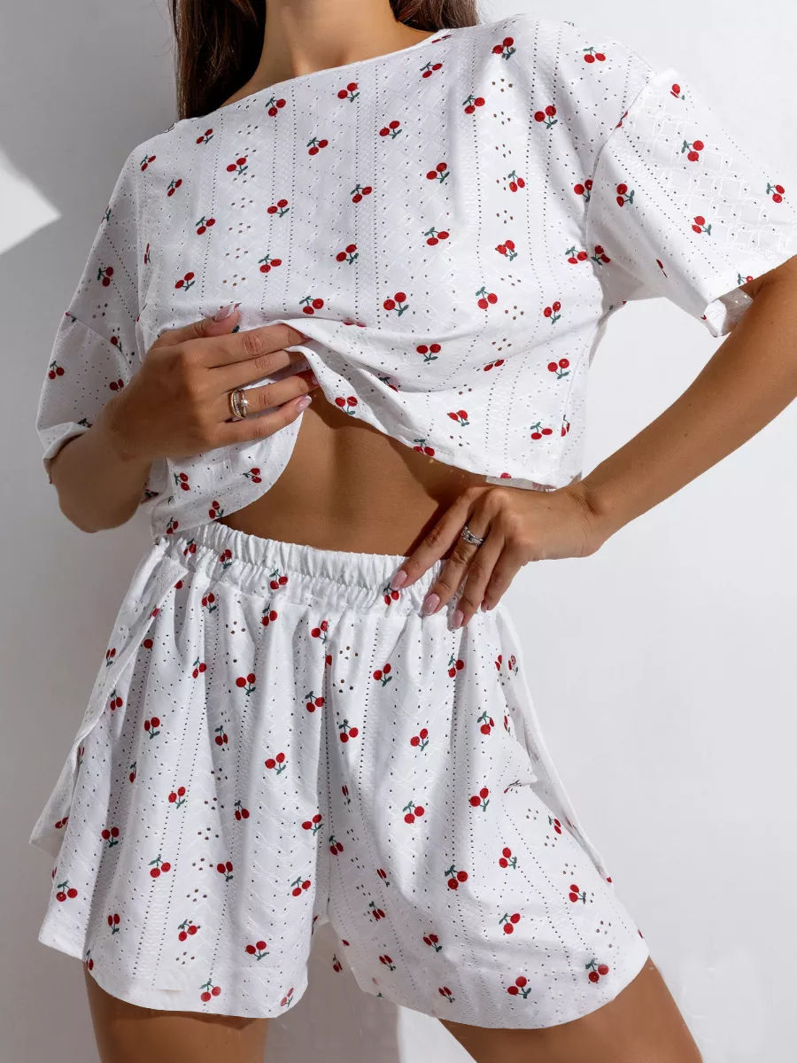 Women's Nightwear Set: Lace-Up, Breathable, Printed, Sensual Split-Hem Shorts an