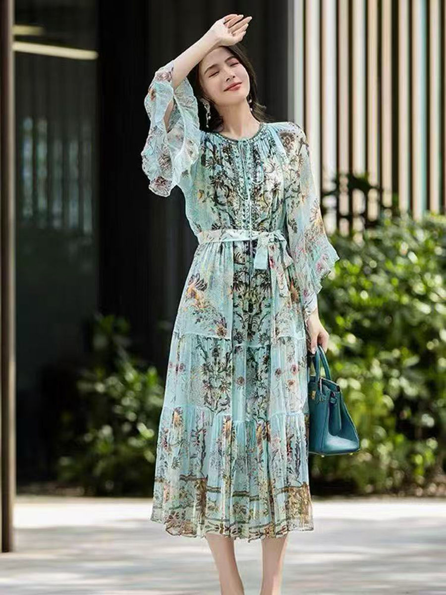 Elegant bohemian lightweight long sleeve pure silk floral print dress