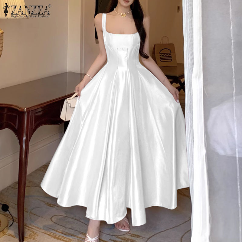 ZANZEA Women's Elegant White Satin Long Dresses Wedding Guest Cocktail Evening P