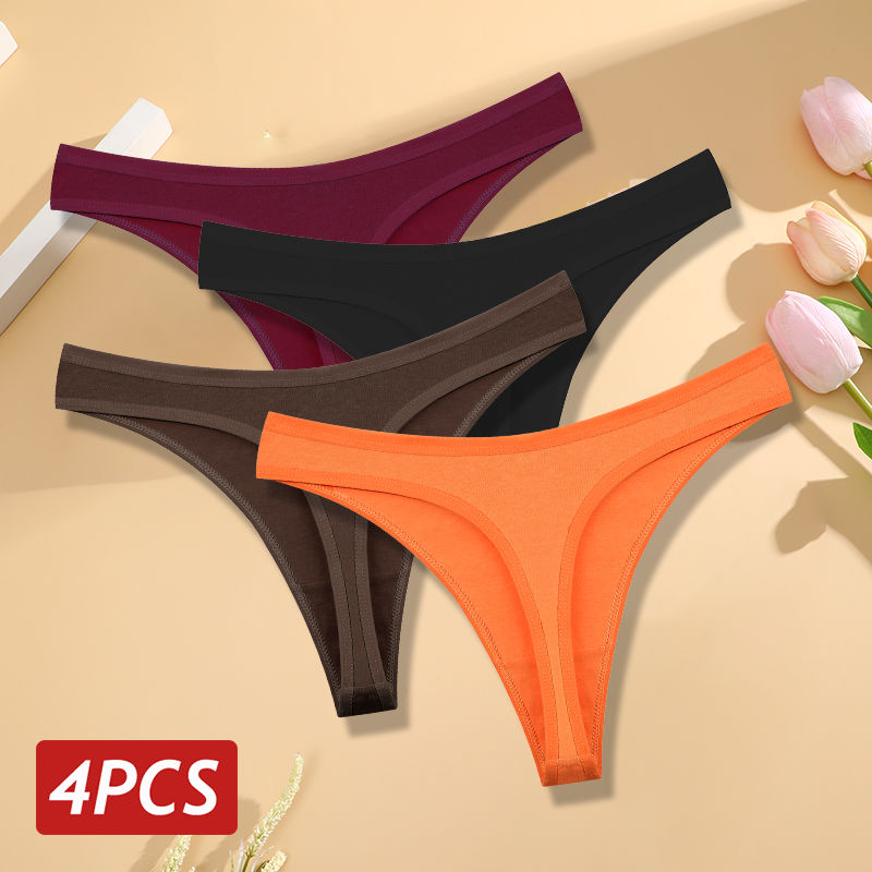 Miniatura: 4PCS/Set Women Cotton Panties Seamless Low Rise Thongs V-Waist Solid Color Breat