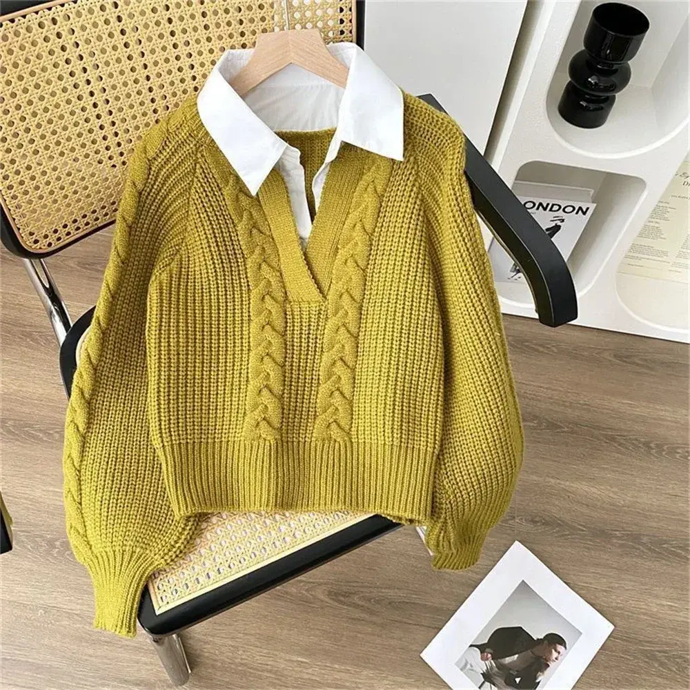 2025 Fashion New Casual Fall Winter Fake Two-piece Knitted Top for Women Autumn