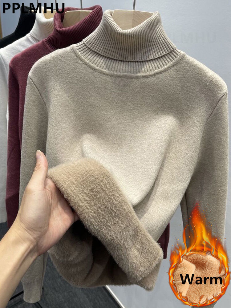 Thicken Velvet Turtleneck Sweater Women Korean Fashion Lined Warm Sueter Knitted